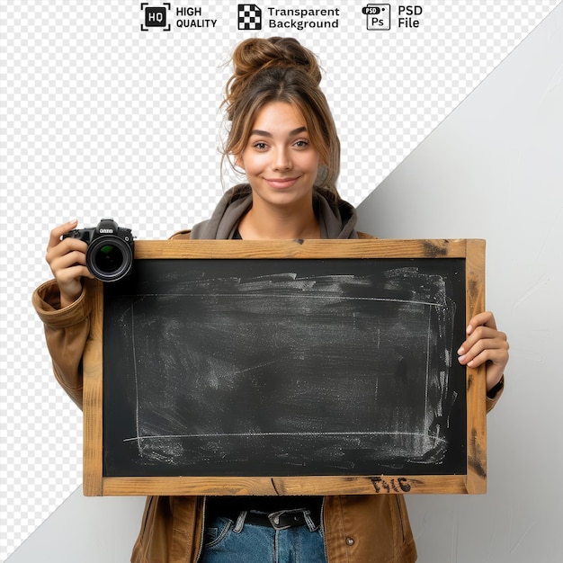 awesome pleased holding out hand camera young female teacher standing front blackboard and write classroom on the chalkboard