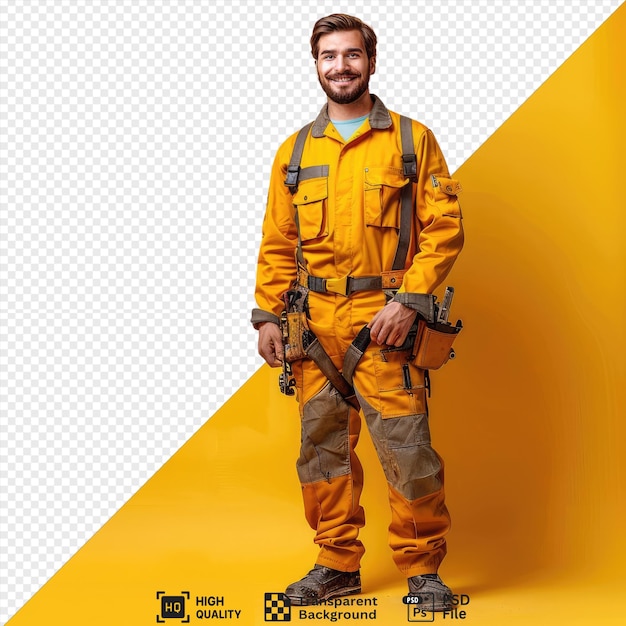 awesome repairman with a cheerful smile preparing for work wearing a yellow jacket black belt and black and gray strap standing in front of a yellow wall with a hand visible in png