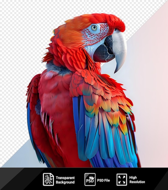 awesome scarlet macaw parrot png clipart with a gray beak red head and blue and red feathers against a clear blue sky png psd