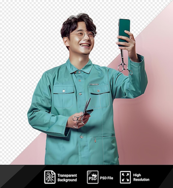 awesome smiling young barber wearing uniform and glasses holding scissors taking selfie with mobile phone standing in front of pink wall with black glasses and brown hair visible