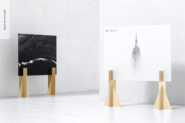 PSD b0 poster on wood stands mockup 02