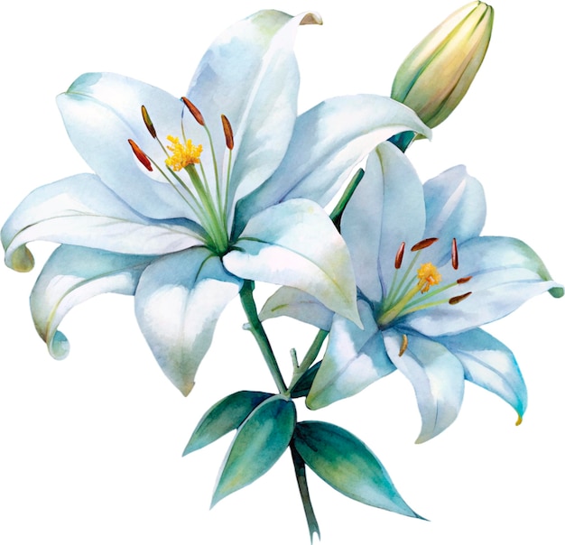 baby blue white color of watercolor painting lily flower