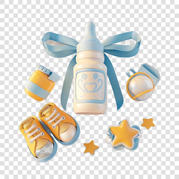 PSD baby bottle near baby shoes and present realitic isolated on transparent background