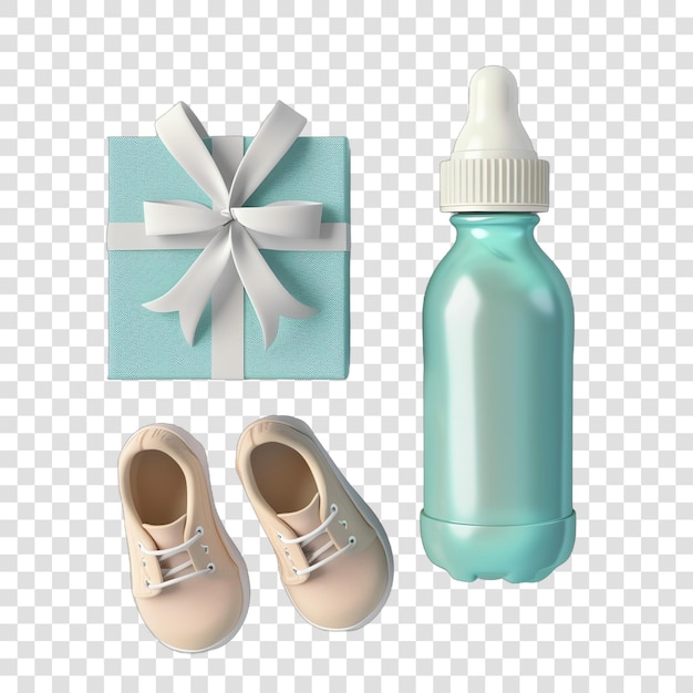 PSD baby bottle near baby shoes and present realitic isolated on transparent background