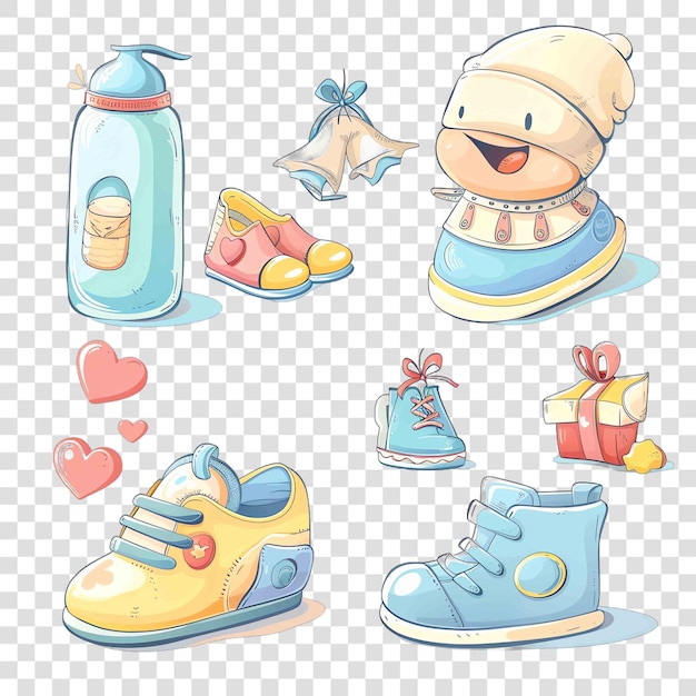 PSD baby bottle near baby shoes and present watercolor nurseryon transparent background