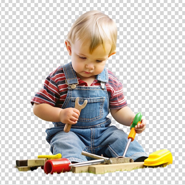 PSD a baby boy playing with a toy tool set on transparent background