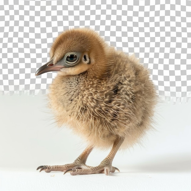 a baby chicken is standing on a white surface with a yellow background