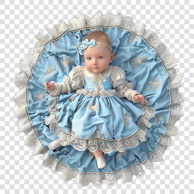 a baby doll with a blue dress and a blue ribbon