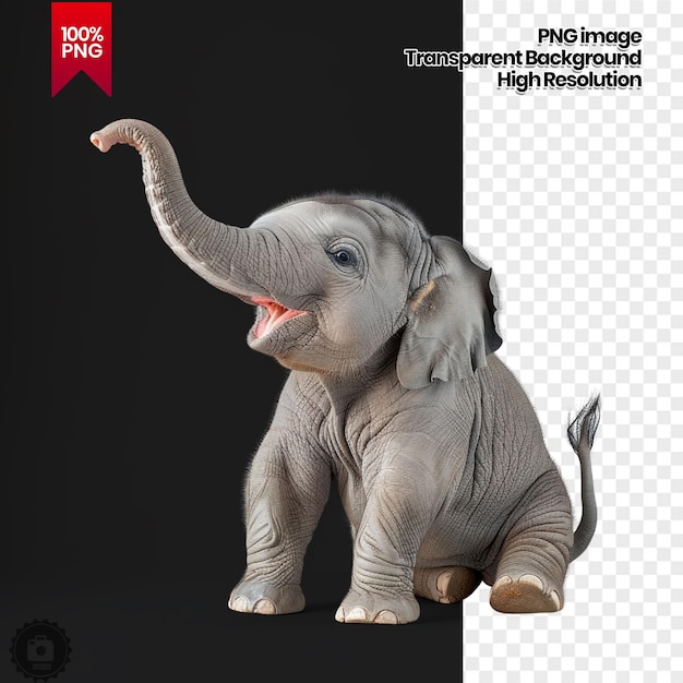 PSD a baby elephant sits on a white background with its mouth open showing its teeth