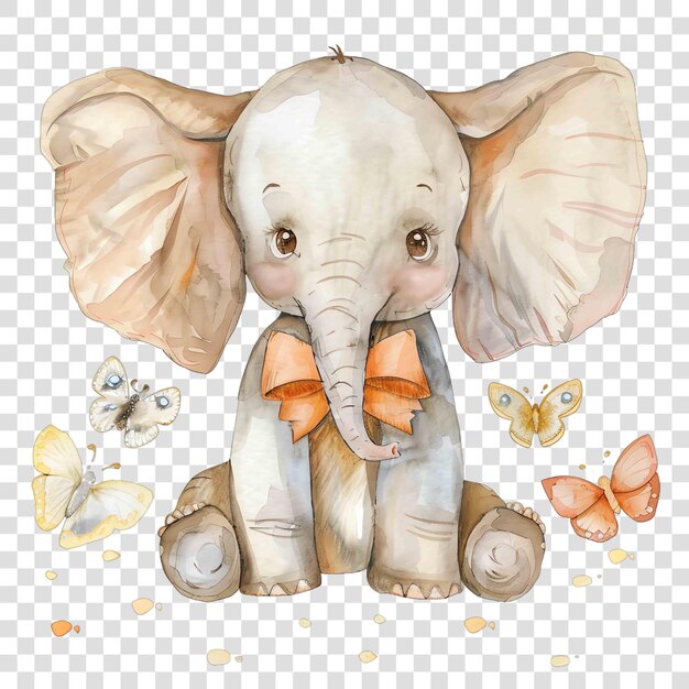 PSD baby elephant with a bow tie and butterflies watercolor nurseryon transparent background