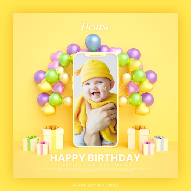 Baby happy birthday invitation card for instagram social media post template with mockup phone