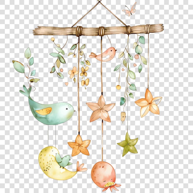 Baby mobile watercolor nurseryon transparent background