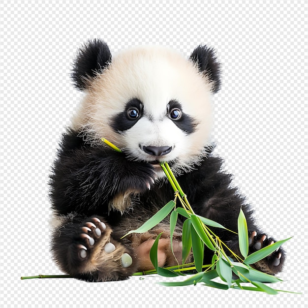 PSD baby panda eating bamboo on isolated transparent background