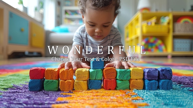 PSD baby playing with colorful blocks on rainbow rug