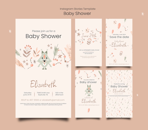 Baby shower instagram stories collection with vegetation and fox