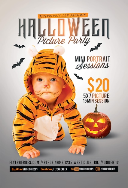 PSD a baby in a tiger outfit is on a poster for a halloween party