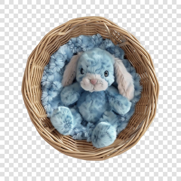 PSD baby toy bunny in a basket blue realitic isolated on transparent background