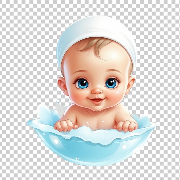 a baby with blue eyes sits on a transparent background