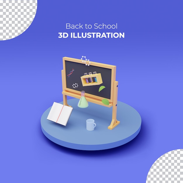 Back to school 3d render of Chalk board with open book