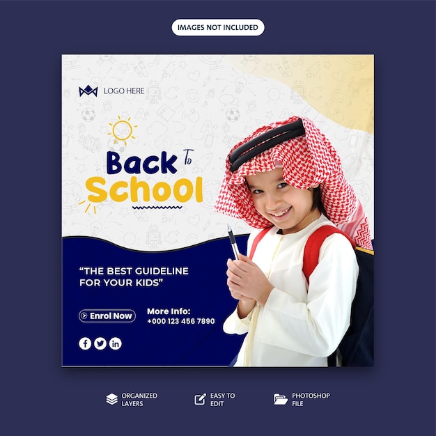 Back to school arab boy social media post banner template with cute student