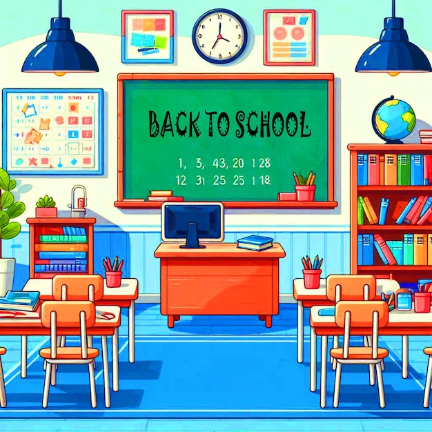 PSD back to school background design with class room teachers colorful pencil and alarm clock etc