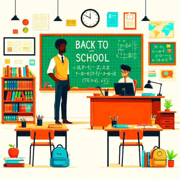 Back to school background design with class room teachers colorful pencil and alarm clock Etc