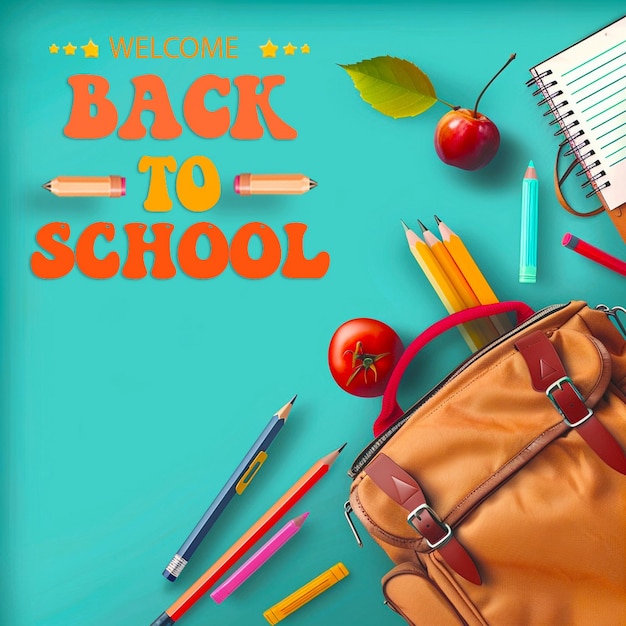 Back to school background with pencil pen bag book realistic