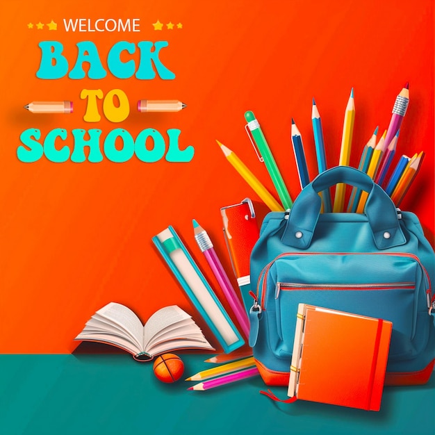 Back to school background with pencil pen bag book realistic