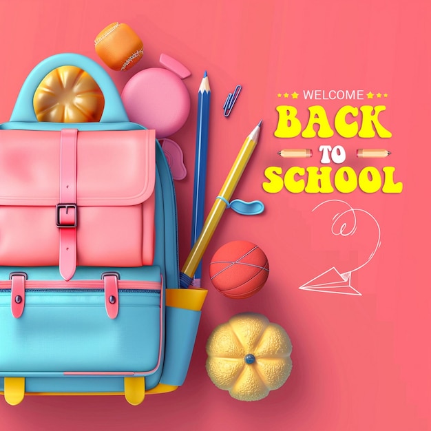 Back to school background with pencil pen bag book realistic