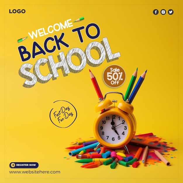 Back to school banner with colorful pencils and other learning items on handdrawn doodles