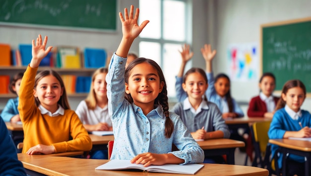 Back to school Classmates raising their hands in class for an answer