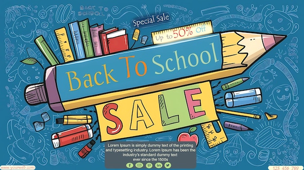 PSD back to school discount sale offer background with school supplies concept