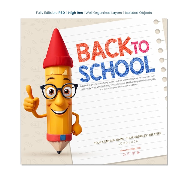 PSD back to school greeting card template with 3d rendering pencil with glasses cartoon character