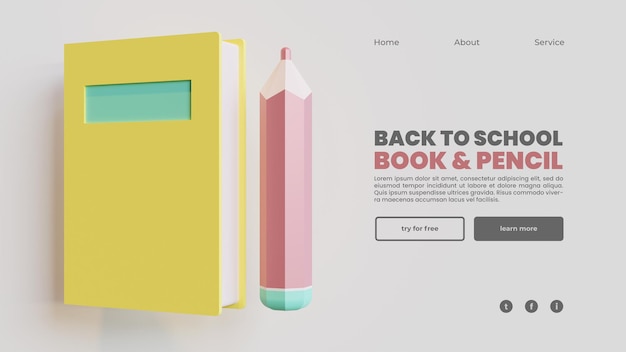 Back to school landing page template with book and pencil 3d rendering