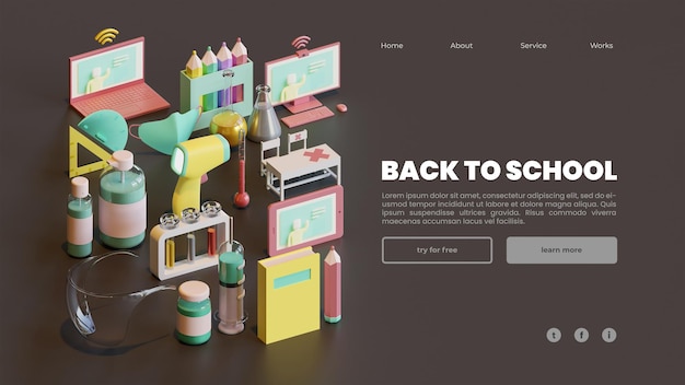 Back to school landing page template with isometric 3d rendering composition