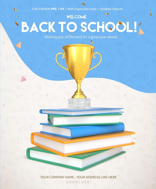 Back To School Poster Template With 3D Rendering Stack Of Books With Golden Trophy