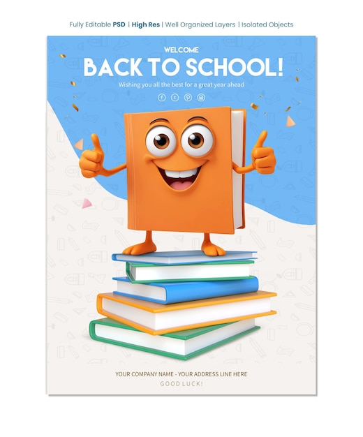 Back to school poster template with 3d thumbs up book cartoon character standing on stack of books