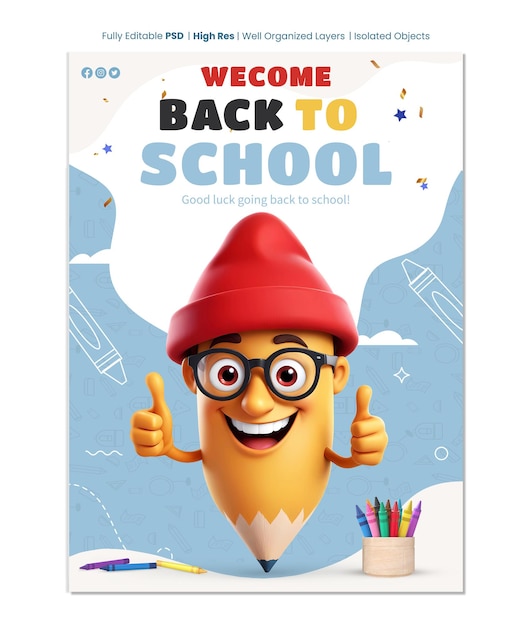 Back to school poster template with 3d thumbs up pencil character with glasses and crayon colors