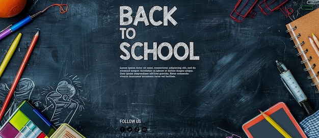 PSD back to school poster with school supplies like blackboard pencils books bags board and apple