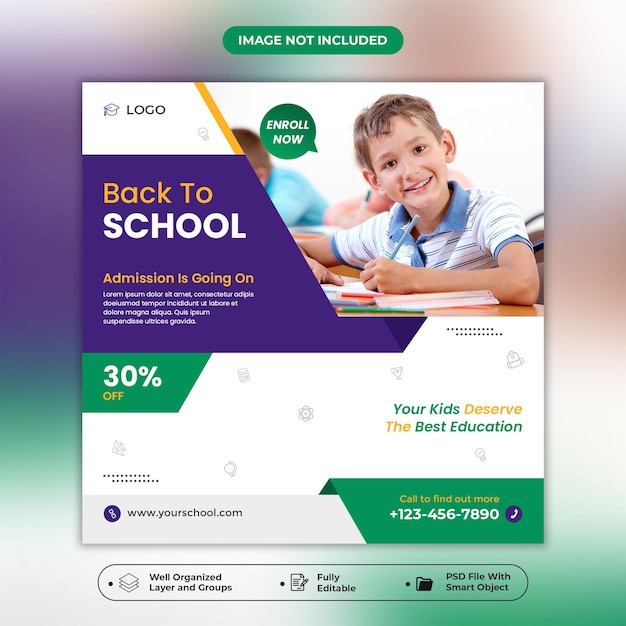 Back to school or school admission social media post and web banner template