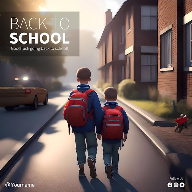 Back To School Social Media Post Template Two Kids With Backpacks Going To School