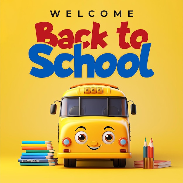 PSD back to school social media post template with school bus and school tools background