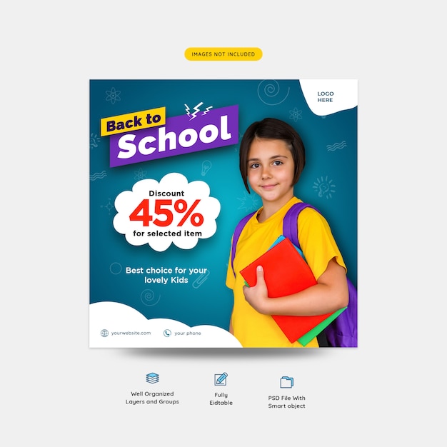 Back to school with discount offer social media post template 