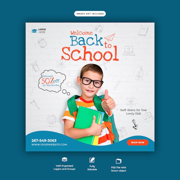 Back to school with discount offer social media post template 