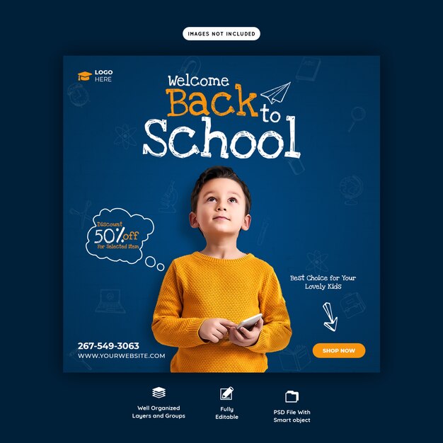 PSD back to school with discount offer social media post template 