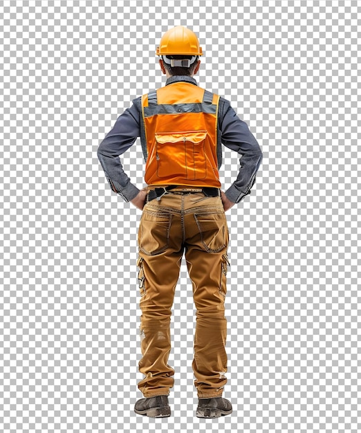 Back view of a male construction worker wearing safety vest and helmet standing with hands on hips