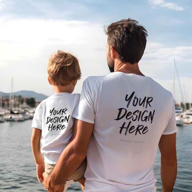 Back View White TShirt Mockup with Father and Son Celebrating on the beach