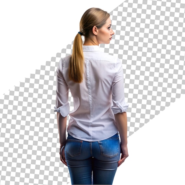 PSD back view of woman in blank white t shirt on white background