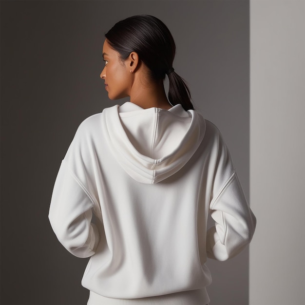 PSD back view of a woman wearing a white hoodie on gray background