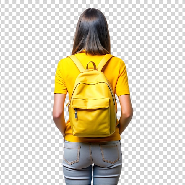 PSD back view of young businesswoman holding arms isolated on white background